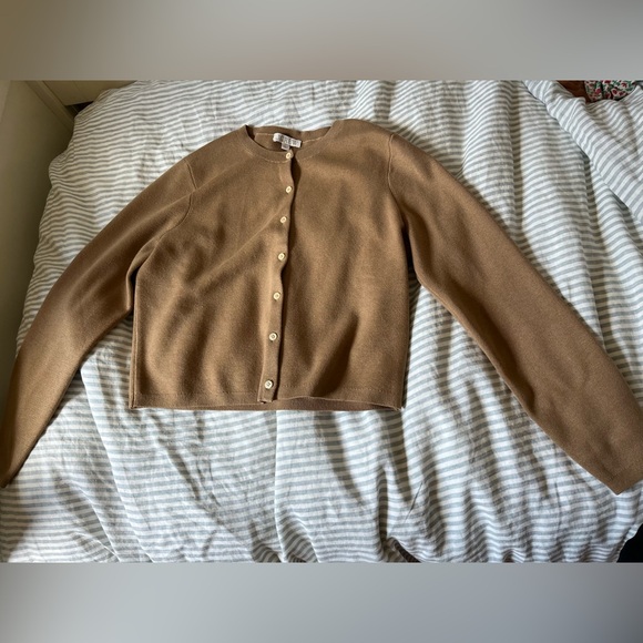J Crew Button Up Cardigan Sweater In Tencel Lyocell US Women's L Camel - Worn 1x - Picture 2 of 3